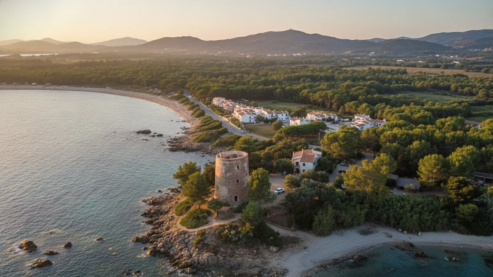 La costa di Santa Maria Navarrese con la torre e la spiaggia vista dall'alto